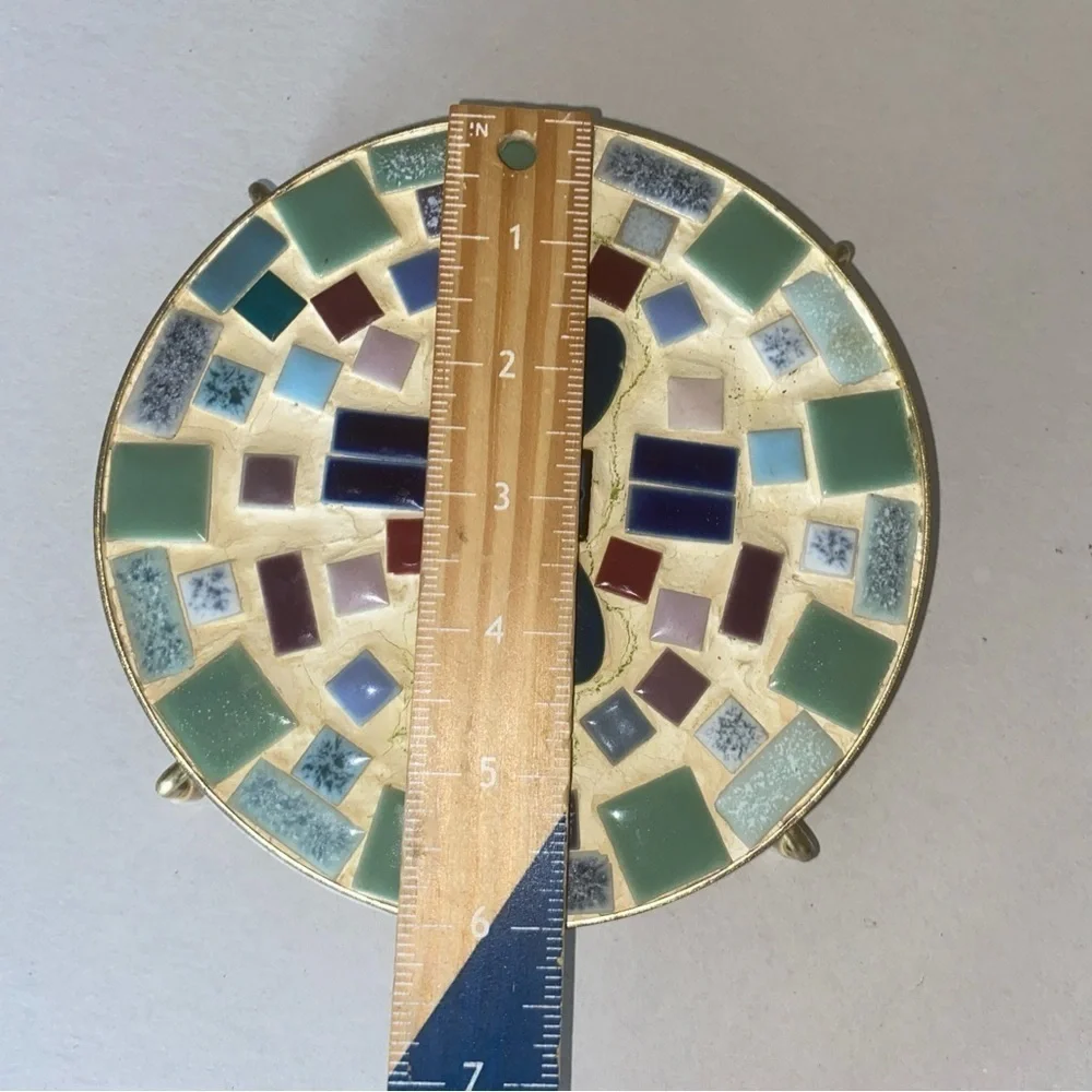 Vintage Trivet Micro Mosaic Tile Hearts Mid-Century Metal Frame Handle Handmade